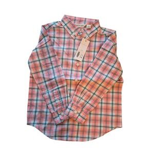 Janie and Jack Boys Plaid Button Down Shirt Long Sleeve Coral Green White